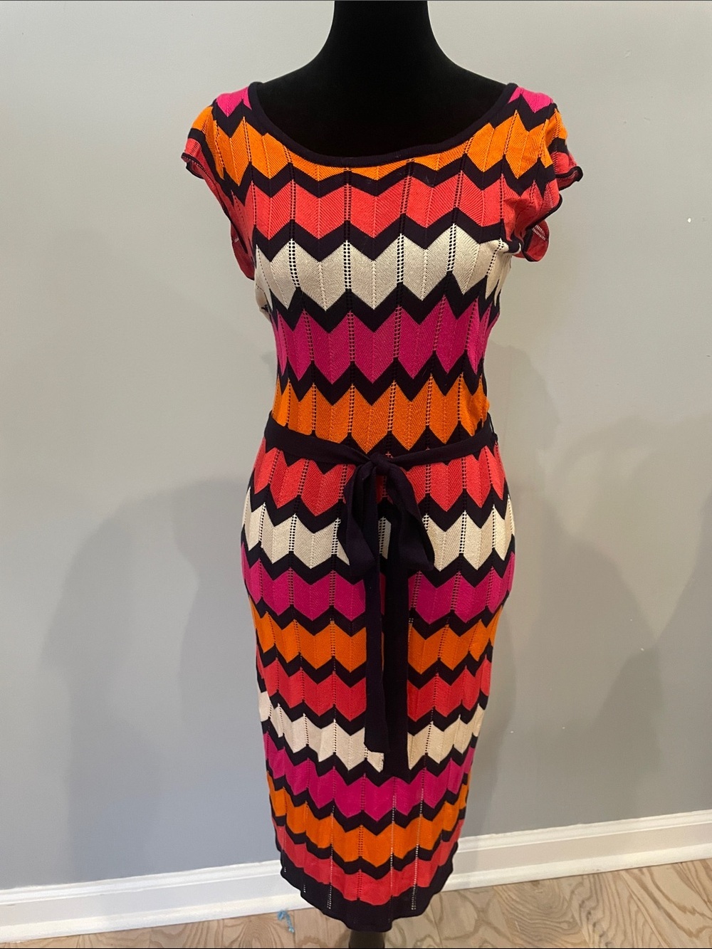 Chevron Knit Belted Midi sweater  Dress in Pink, Orange & black